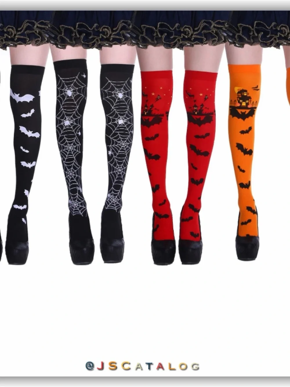 Red Halloween Bat-Print Thighhigh Socks